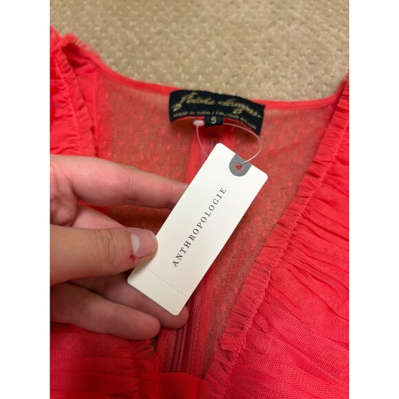 NEW Geisha Designs Anthropologie Ruffled Tulle Sheer Velvet-Trim V-Neck Blouse - Picture 14 of 16